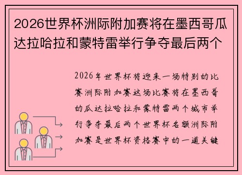 2026世界杯洲际附加赛将在墨西哥瓜达拉哈拉和蒙特雷举行争夺最后两个名额 2026世界杯洲际附加赛将在墨西哥瓜达拉哈拉和蒙特雷举行争夺最后两个名额